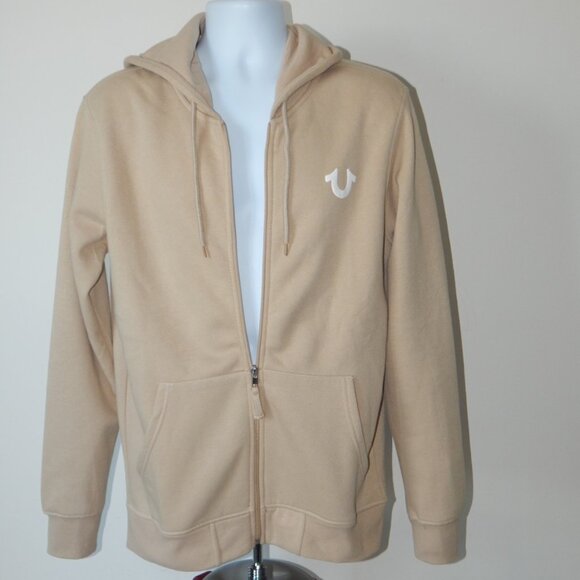 NWT MEN TRUE RELIGION Buddha Logo Seal Full Zip Fleece Hoodie Jacket Beige MED - Picture 6 of 8